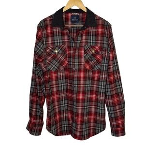 Roark Revival Men's Flannel Shirt Red Black Plaid Sz XL Elbow Patches Wool Blend